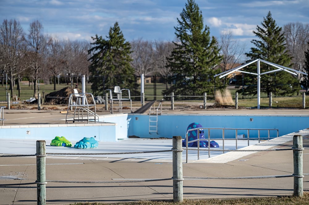 An empty aquatics center pool.