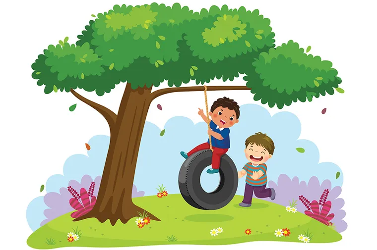 Kids playing on a tire swing.