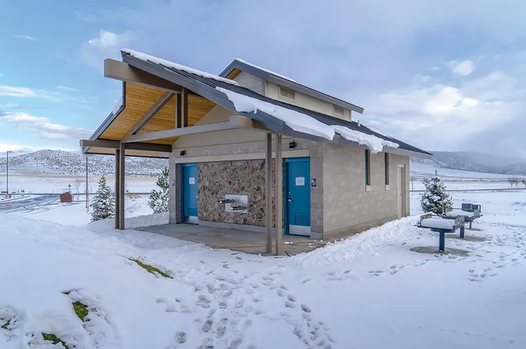 A public restroom in the winter.