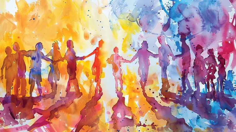 Watercolor illustration of a group on people holding hands